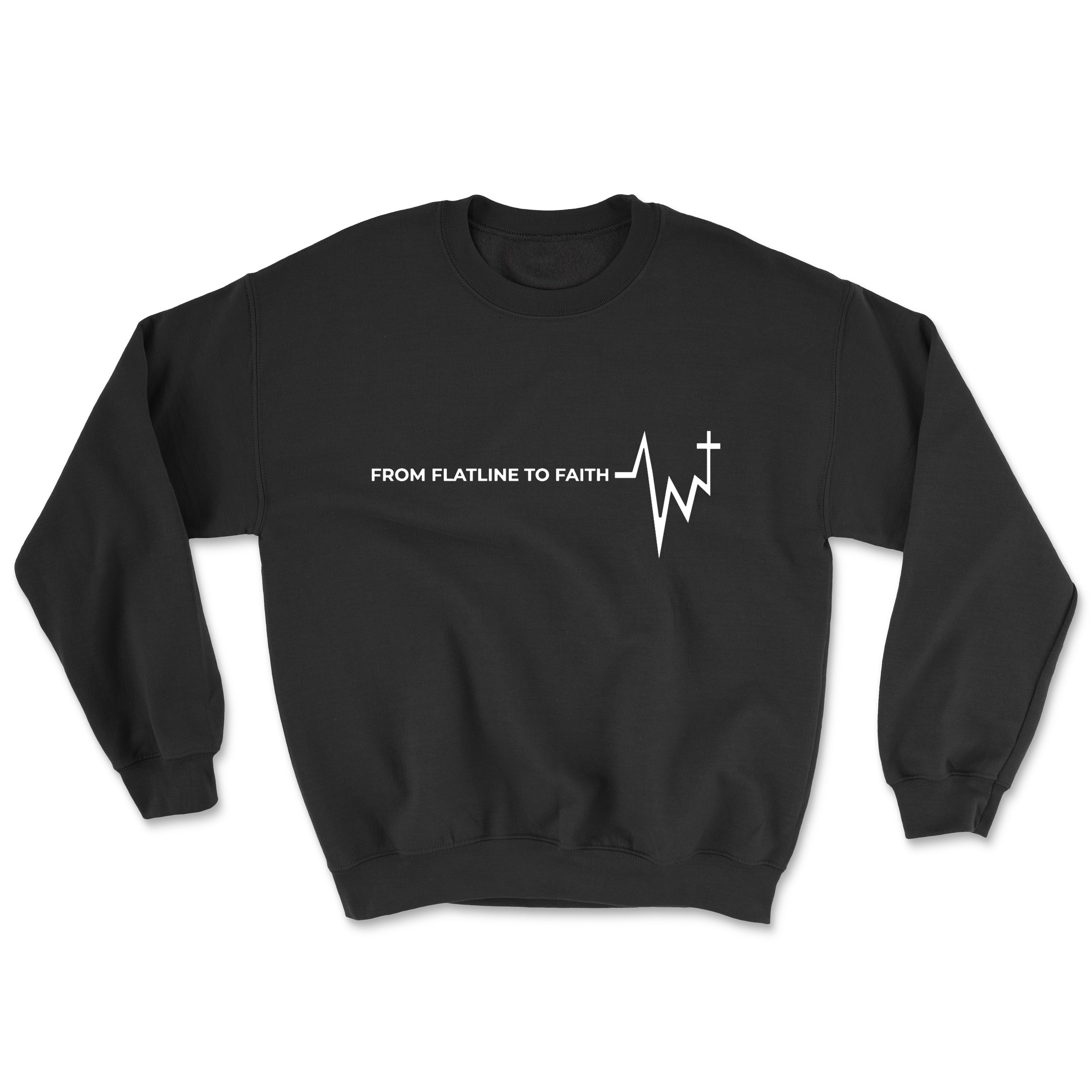 FLATLINE TO FAITH WHITE (UNISEX FIT) CREWNECK. 30% OFF FOR A LIMITED TIME