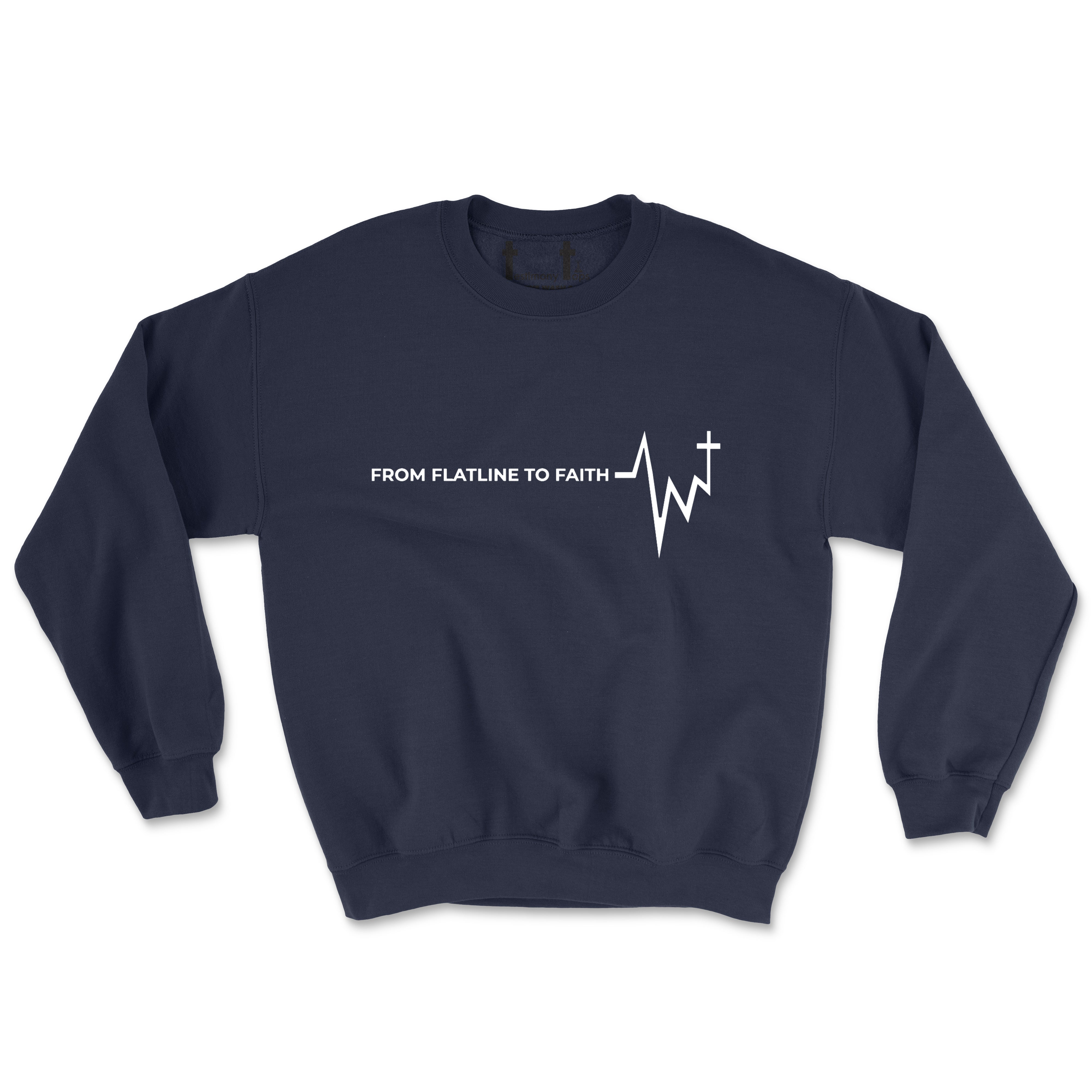 FLATLINE TO FAITH WHITE (UNISEX FIT) CREWNECK. 30% OFF FOR A LIMITED TIME