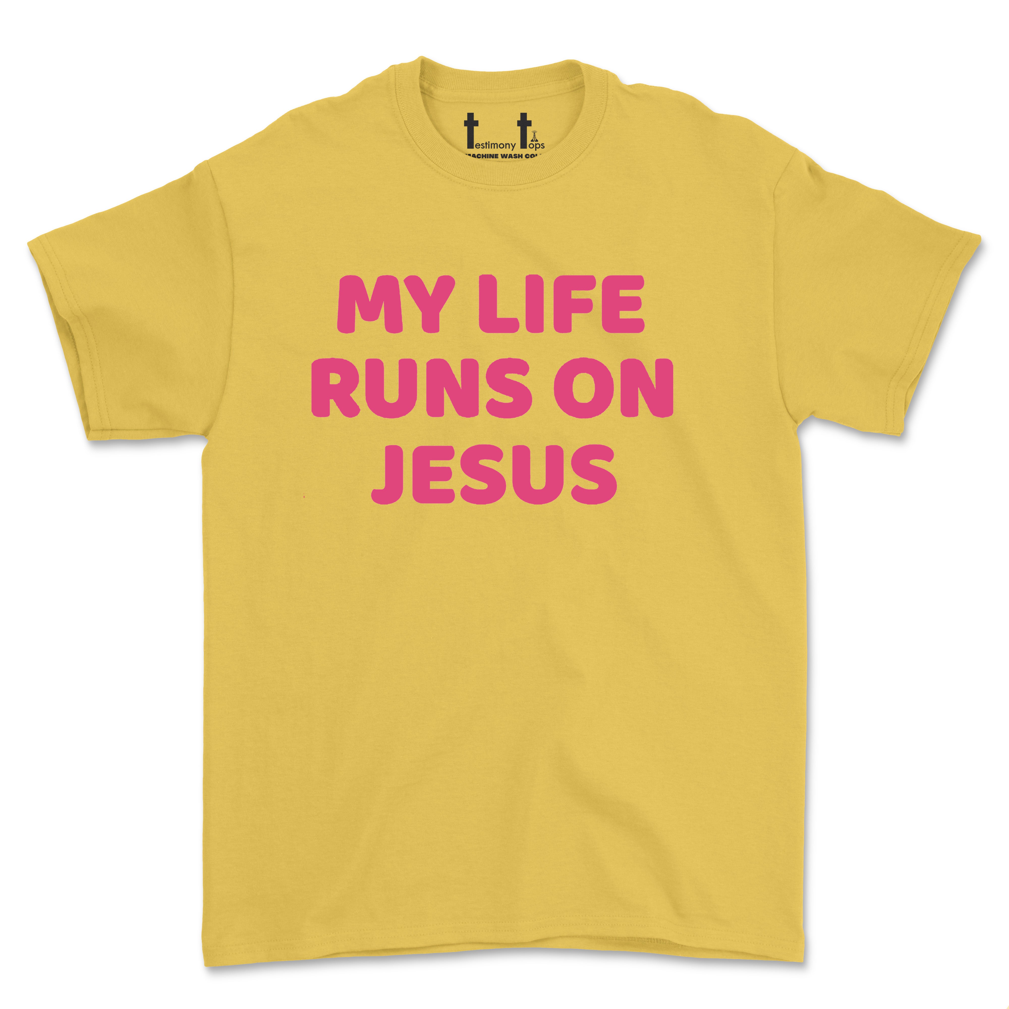 MY LIFE RUNS ON JESUS-SINGLE COLOR (UNISEX FIT) TEE. 50% OFF FOR A LIMITED TIME