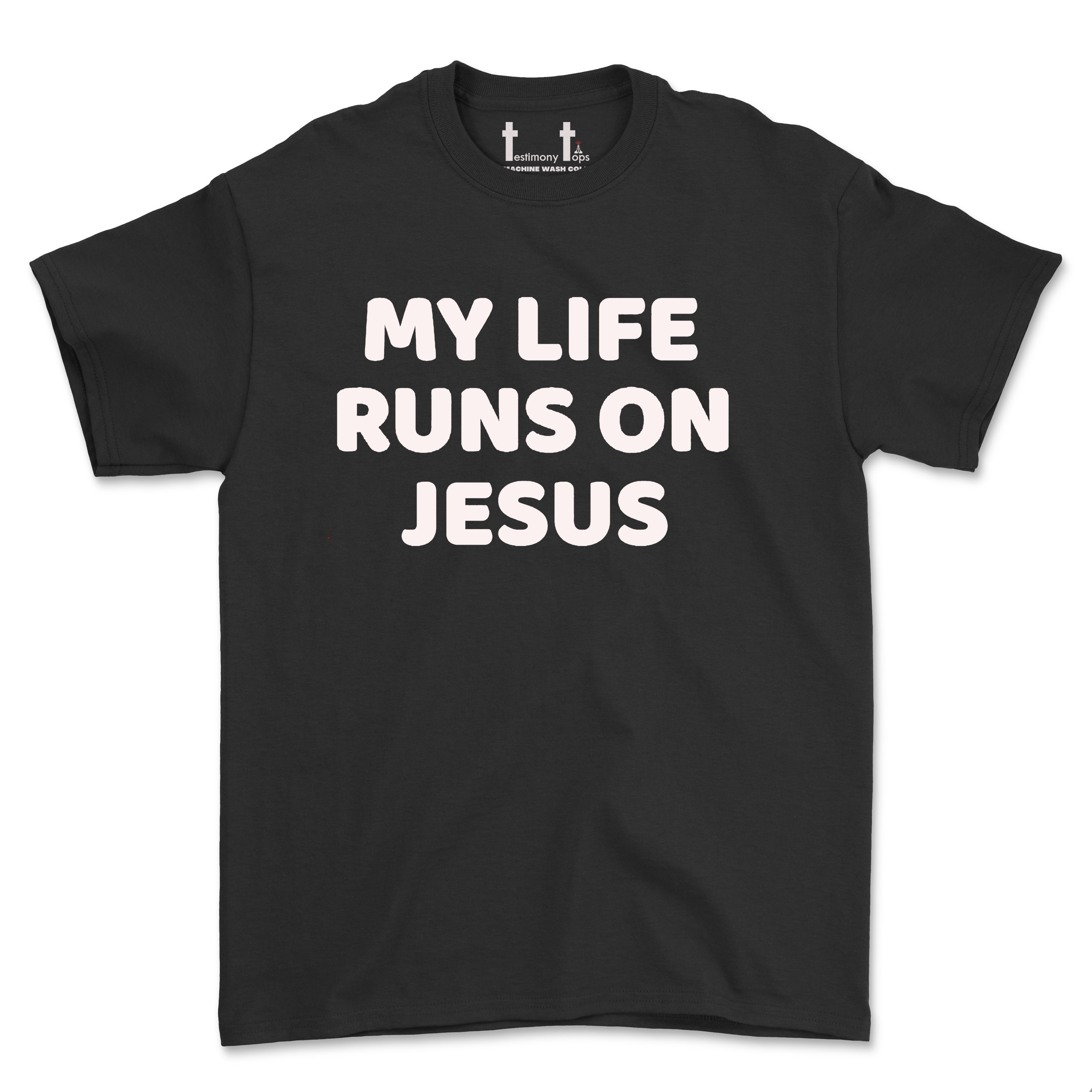 MY LIFE RUNS ON JESUS-SINGLE COLOR (UNISEX FIT) TEE. 50% OFF FOR A LIMITED TIME