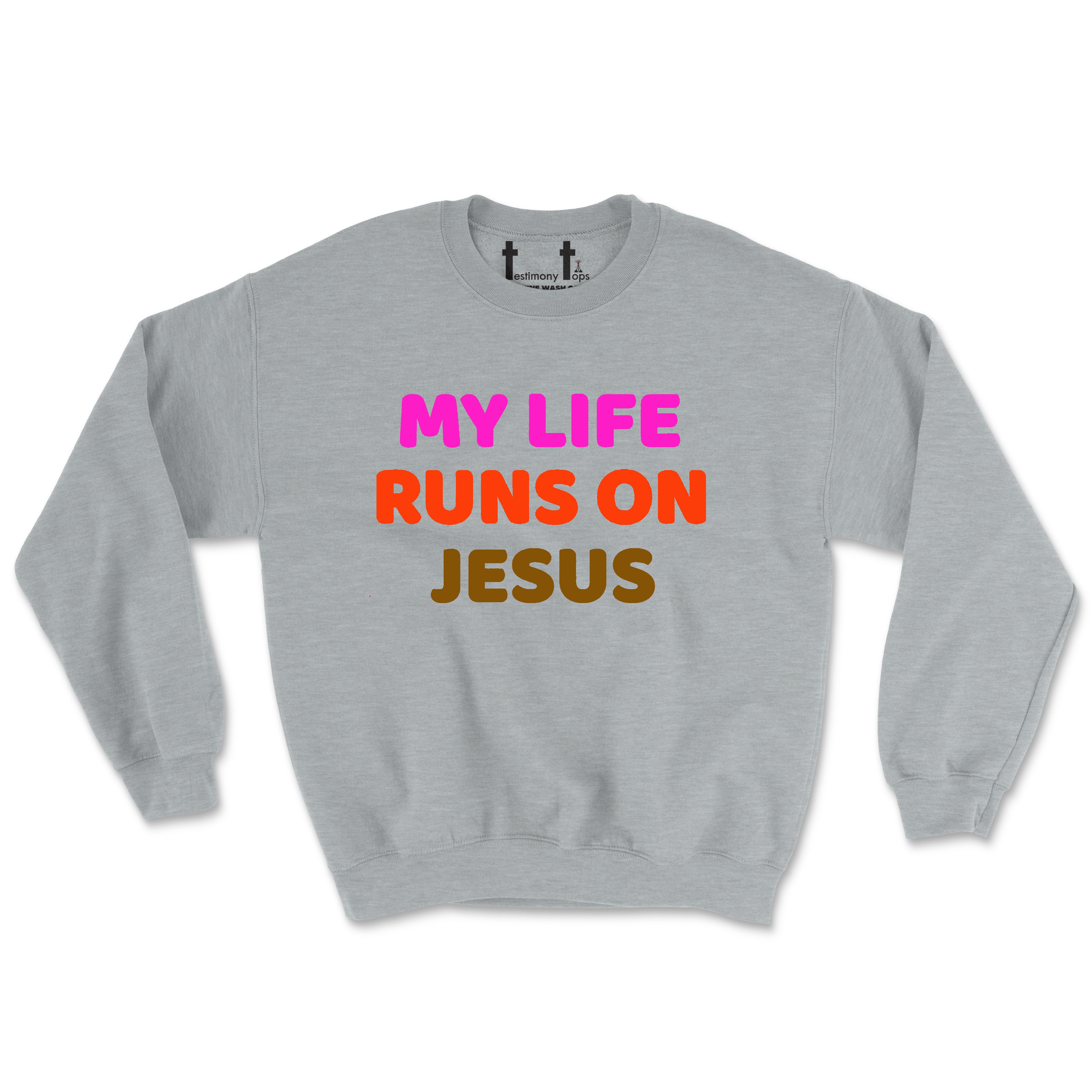 MY LIFE RUNS ON JESUS MULTI COLOR (UNISEX FIT) CREWNECK. 50% OFF FOR A LIMITED TIME