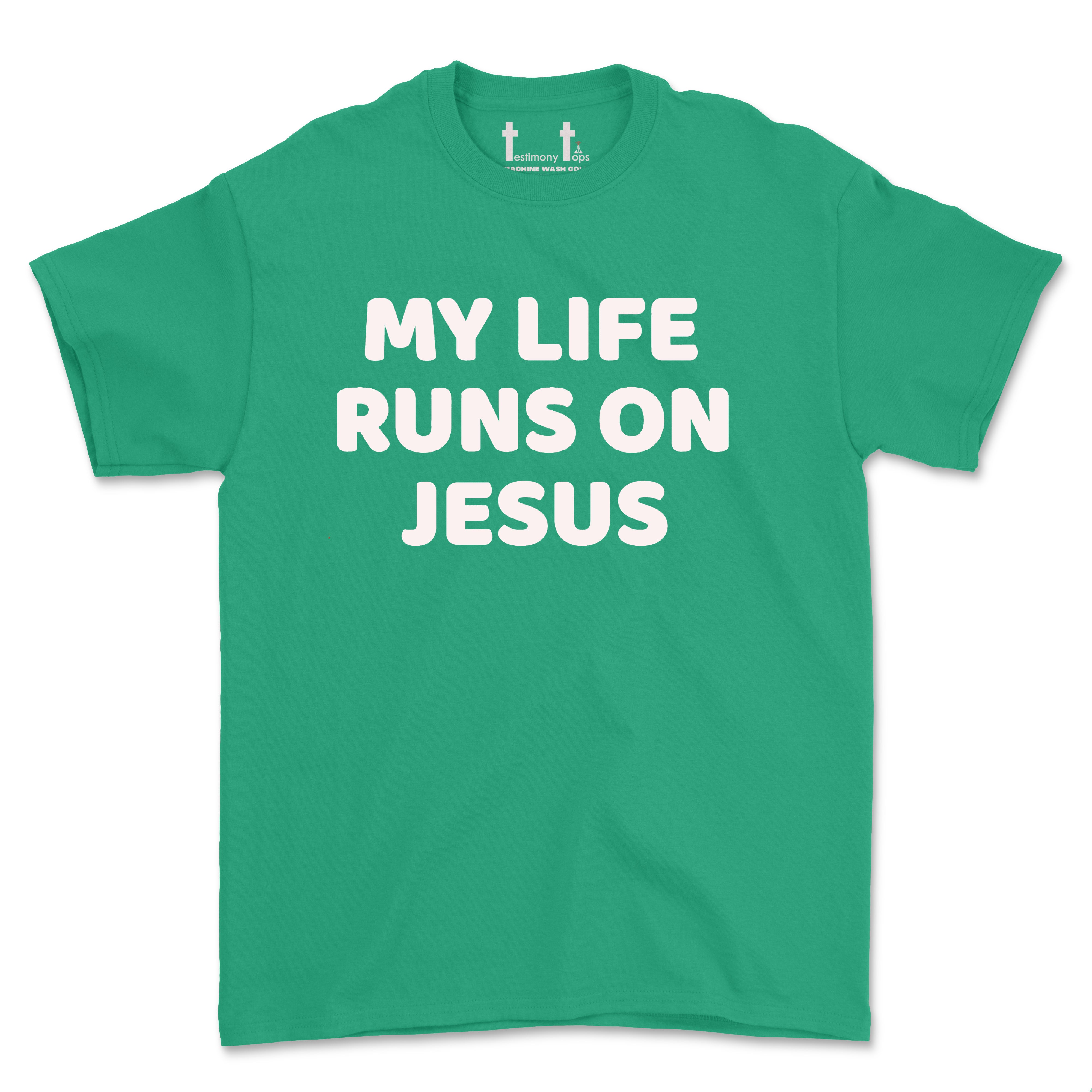 MY LIFE RUNS ON JESUS-SINGLE COLOR (UNISEX FIT) TEE. 50% OFF FOR A LIMITED TIME