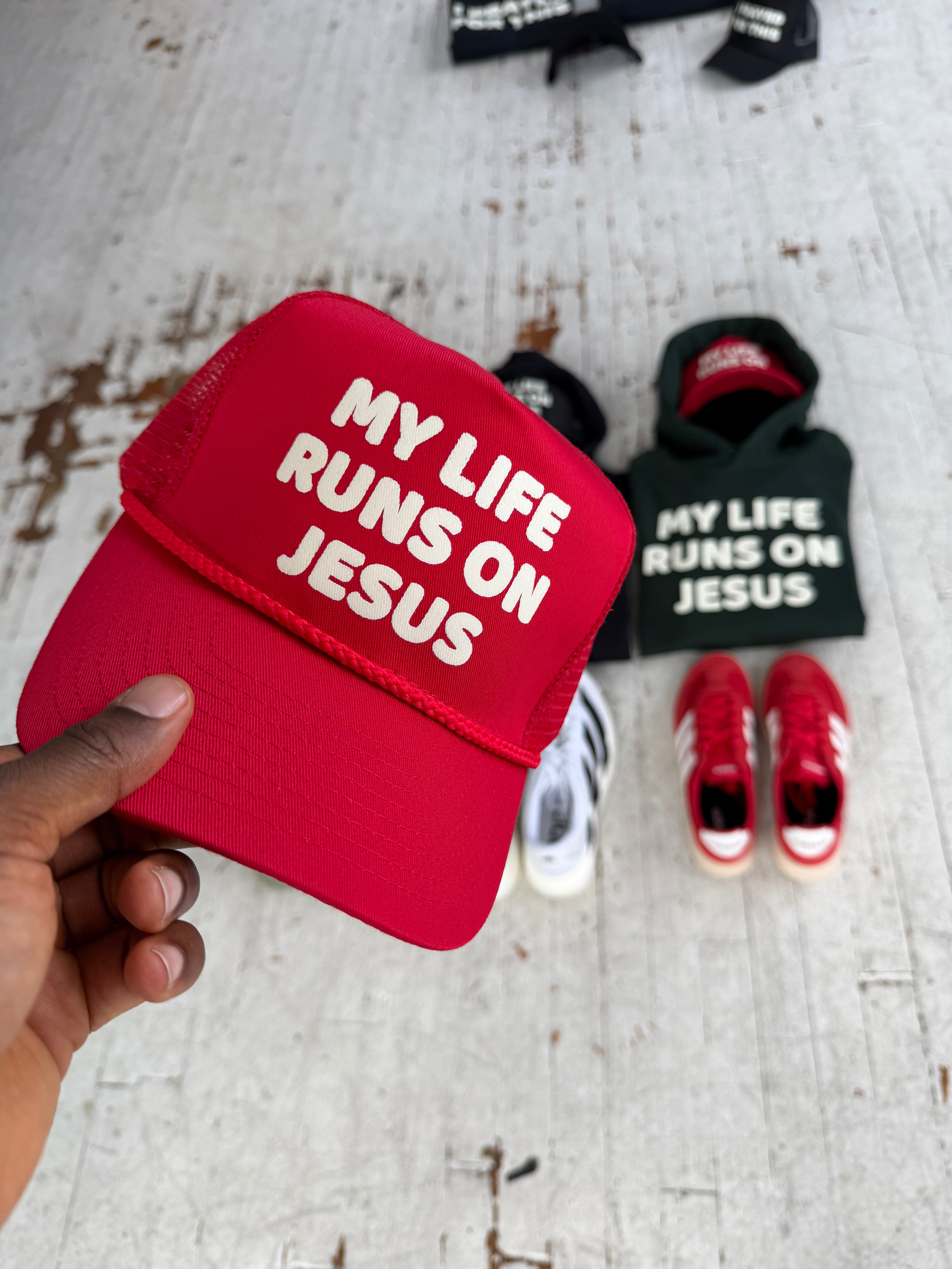 MY LIFE RUNS ON JESUS TRUCKER (ONE SIZE)