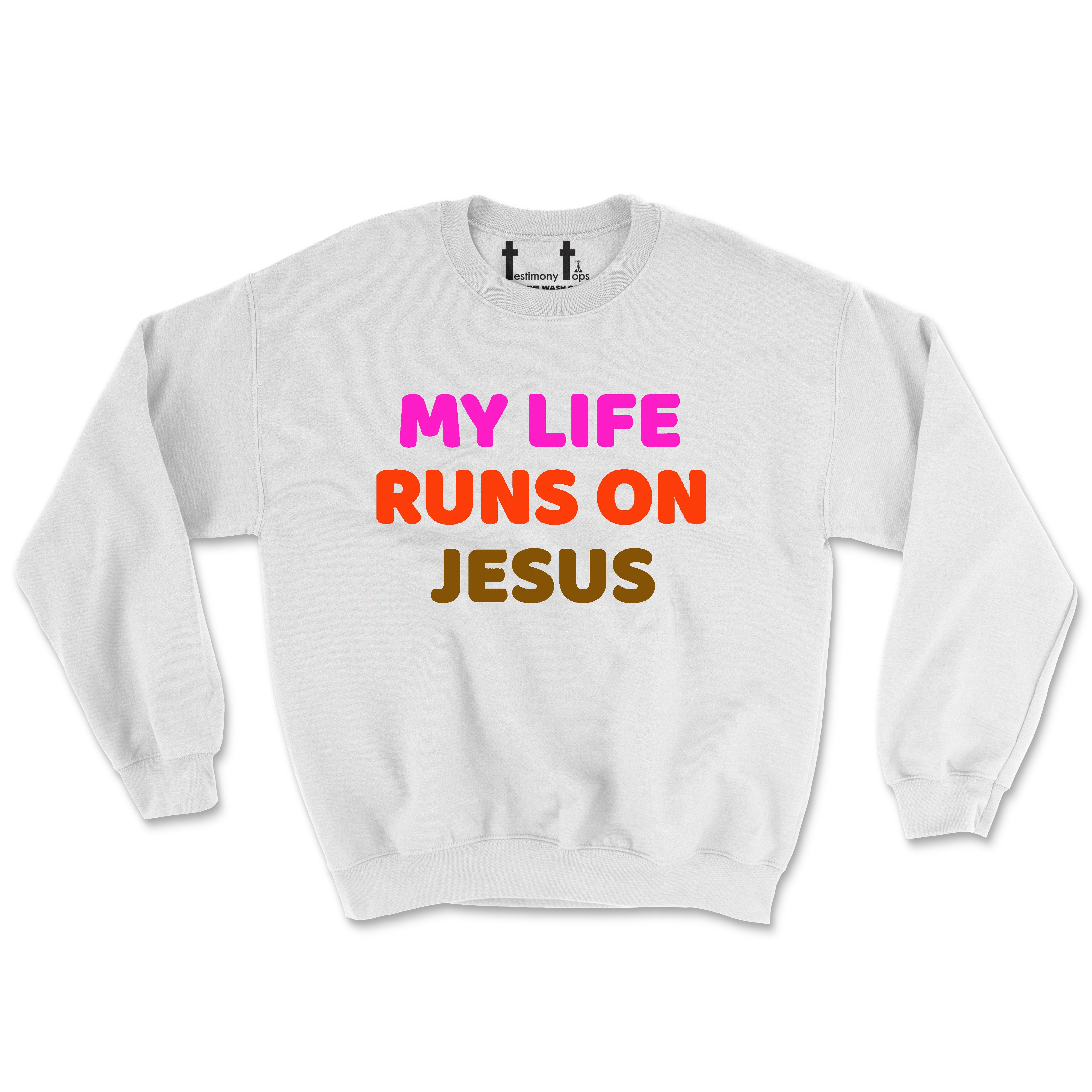 MY LIFE RUNS ON JESUS MULTI COLOR (UNISEX FIT) CREWNECK. 30% OFF FOR A LIMITED TIME