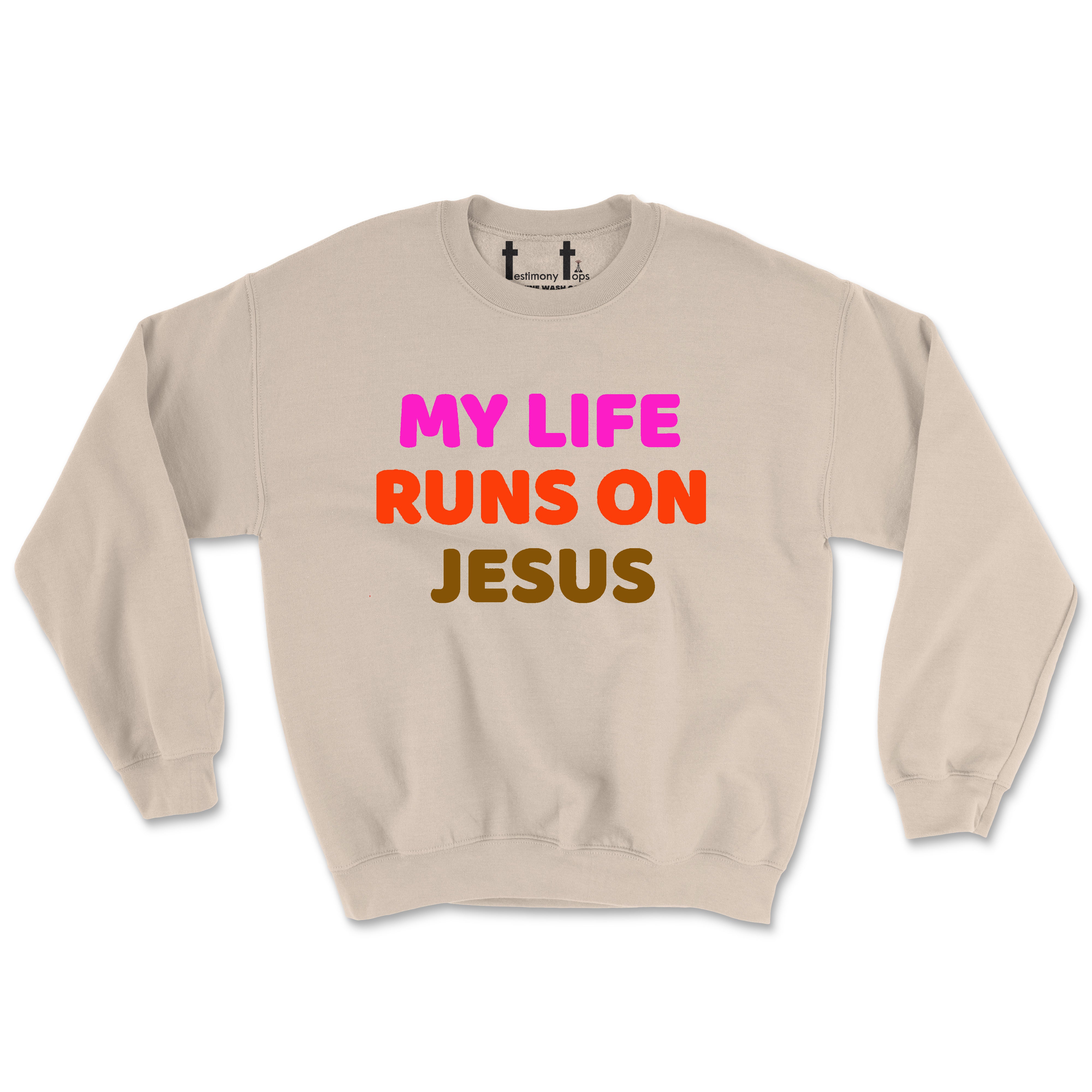 MY LIFE RUNS ON JESUS MULTI COLOR (UNISEX FIT) CREWNECK. 30% OFF FOR A LIMITED TIME