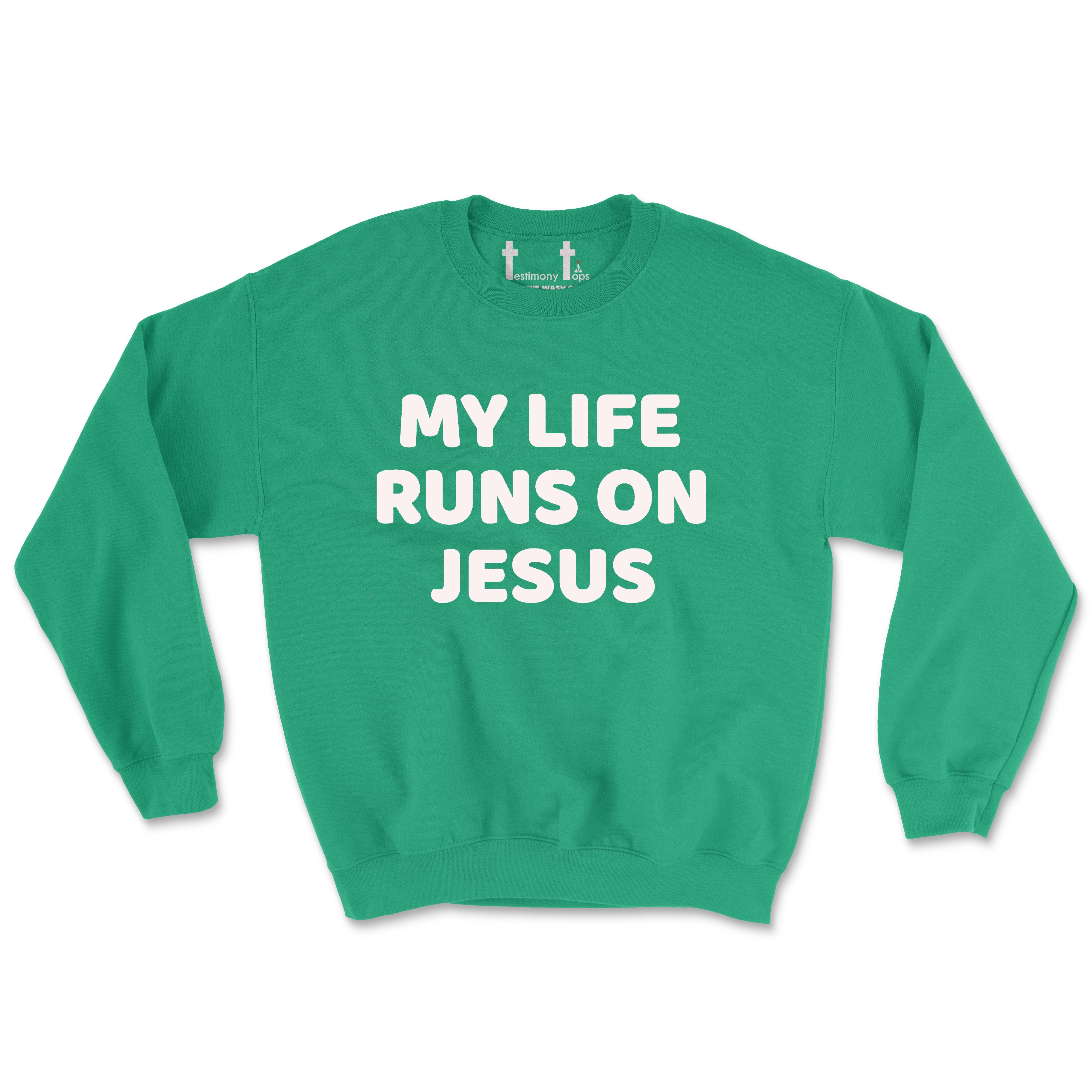 MY LIFE RUNS ON JESUS SINGLE COLOR (UNISEX FIT) CREWNECK. 30% OFF FOR A LIMITED TIME