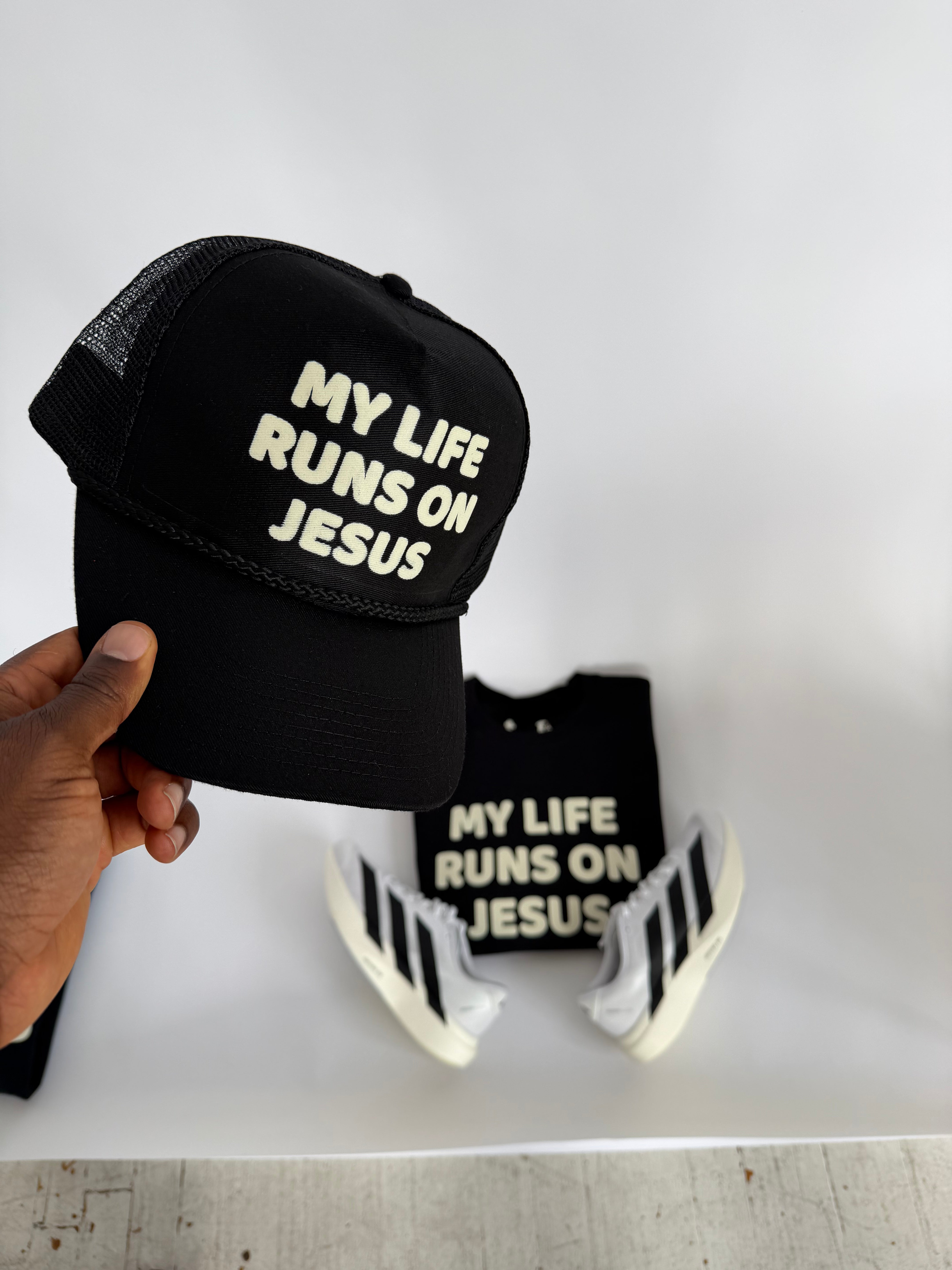 MY LIFE RUNS ON JESUS TRUCKER (ONE SIZE)